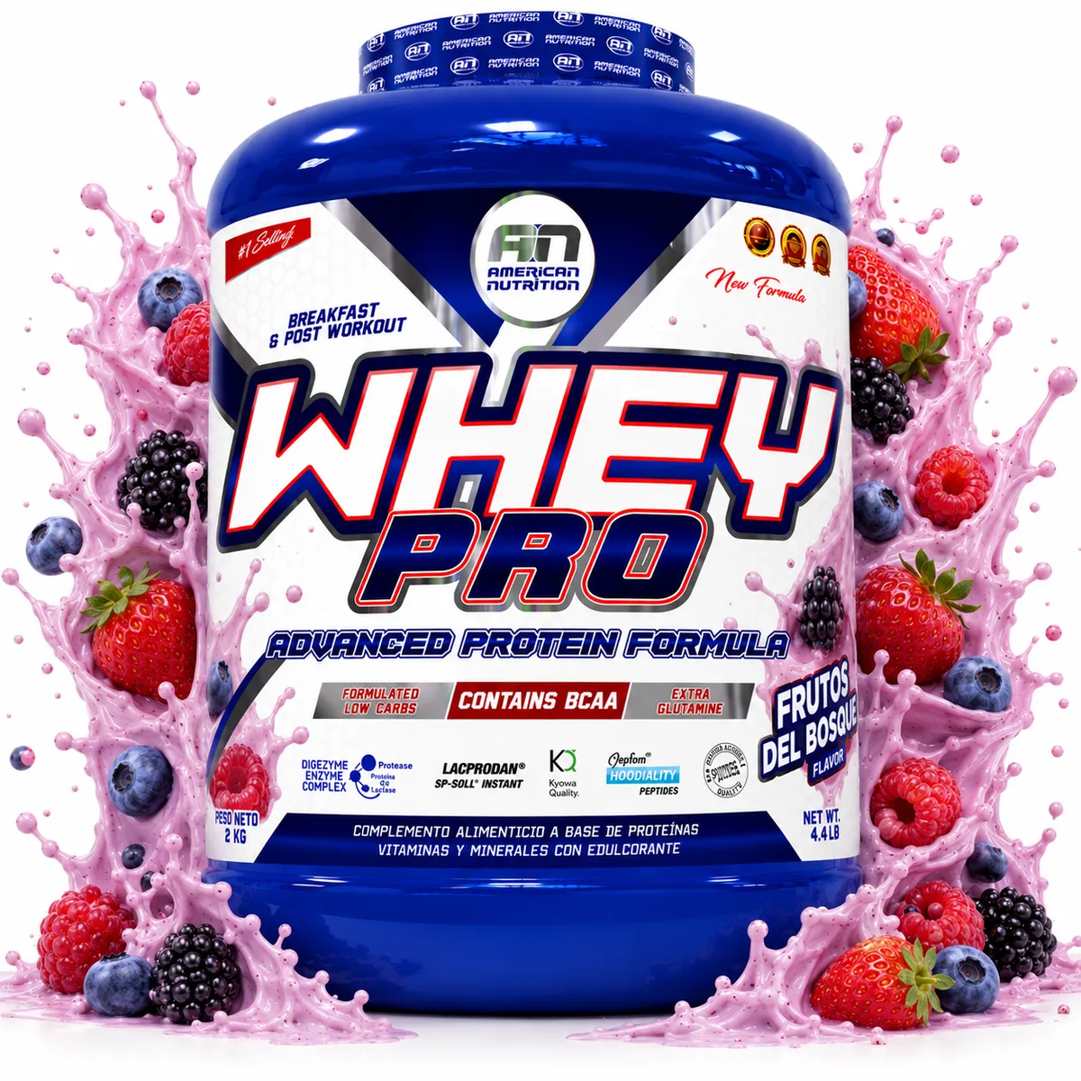 Whey Pro Frutas del bosque. Imagen de referencia del envase de 2 kg; producto vendido de 1 kg.