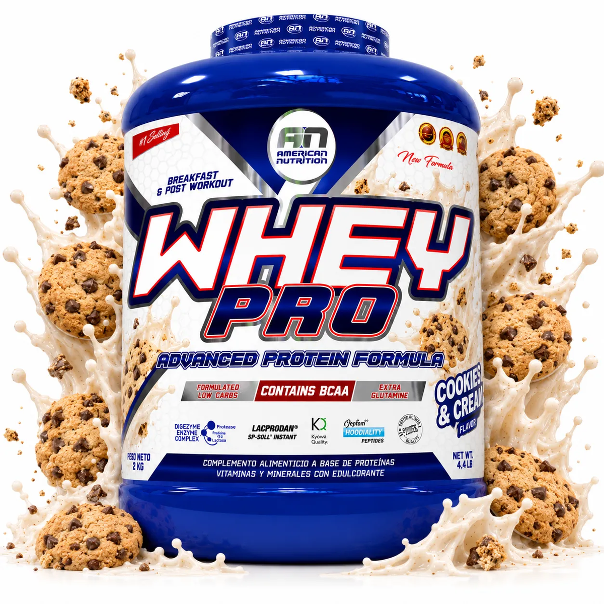 Whey Pro Cookies & Cream. Imagen de referencia del envase de 2 kg; producto vendido de 1 kg.