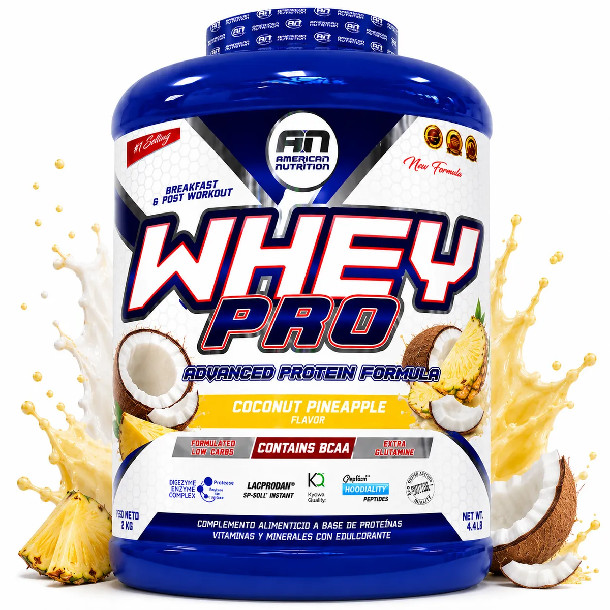 Whey Pro Piña colada. Imagen de referencia del envase de 2 kg; producto vendido de 1 kg.
